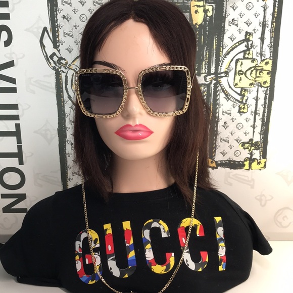 New Authentic Gucci Sunglasses Women's GG1033S 002 Gold Necklace Chain 57-21-215 - Picture 3 of 17